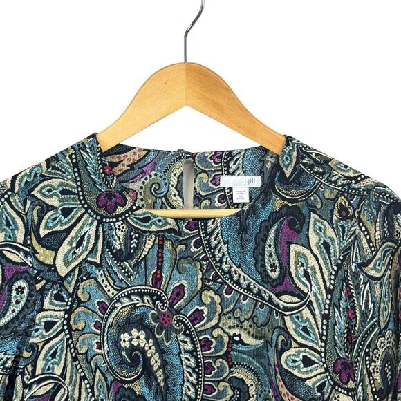 J Jill Long Sleeve Carmine Blouse Teal Green Paisley Double Layer Hem Women's XS - Picture 3 of 9
